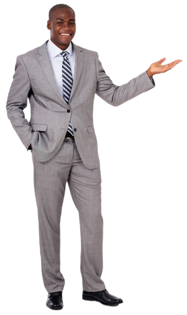 A man in a suit and tie is holding out his hand