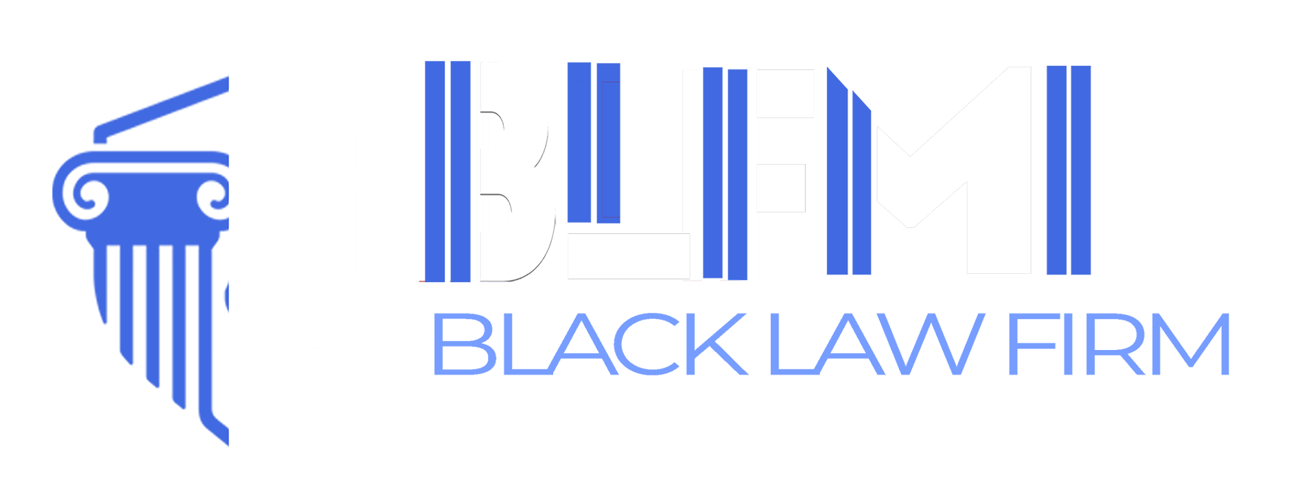 A blue and white logo for a law firm with a pillar.