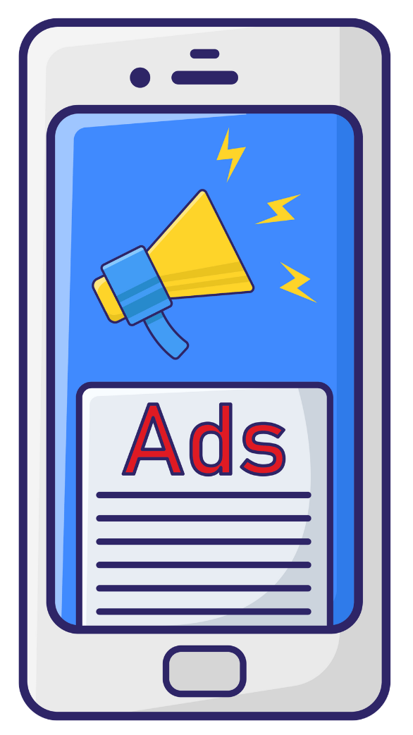 A cell phone with a megaphone and the word ads on it.