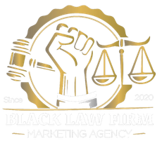 A logo for a law firm marketing agency with a fist and scales of justice.