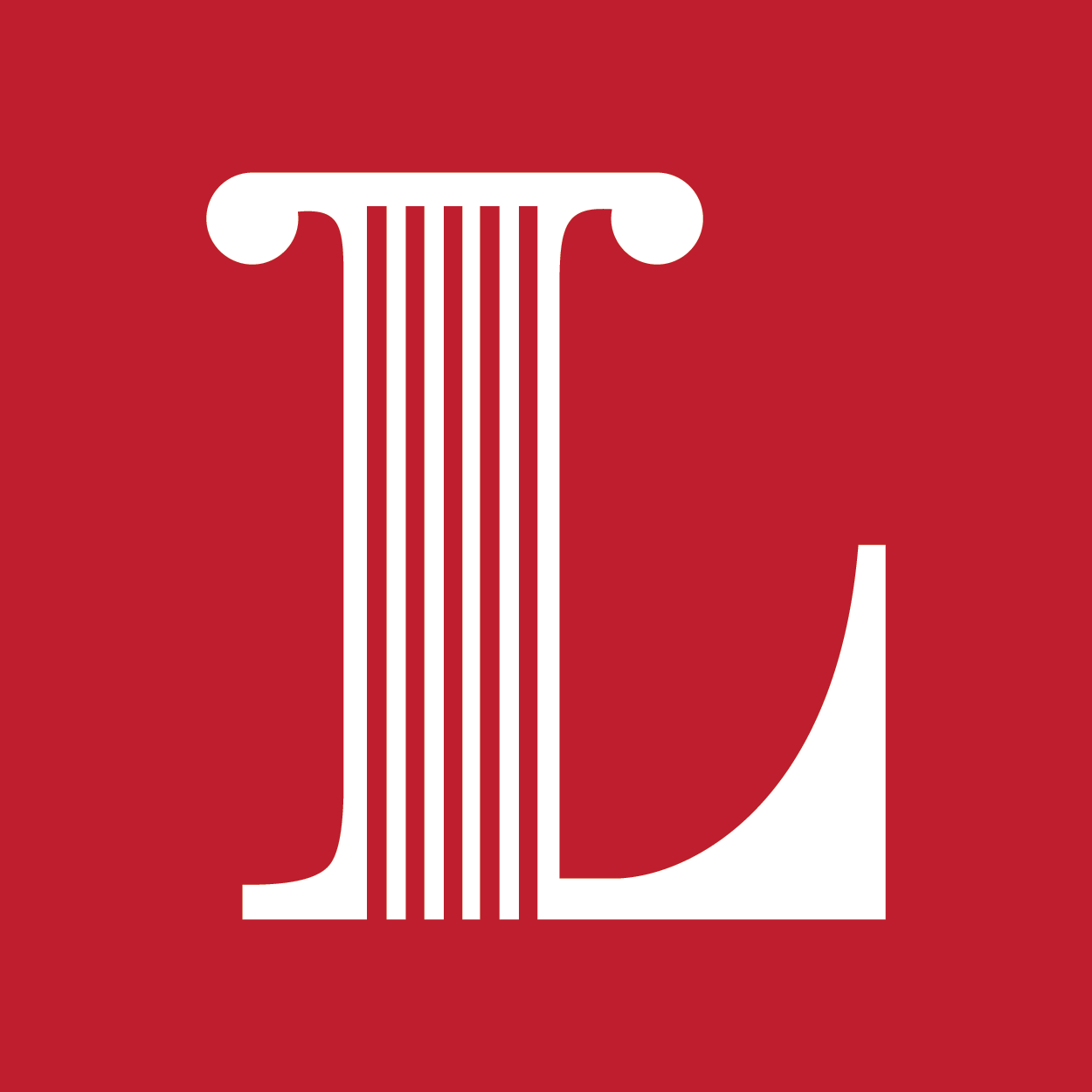 A white letter l with a pillar on a red background.