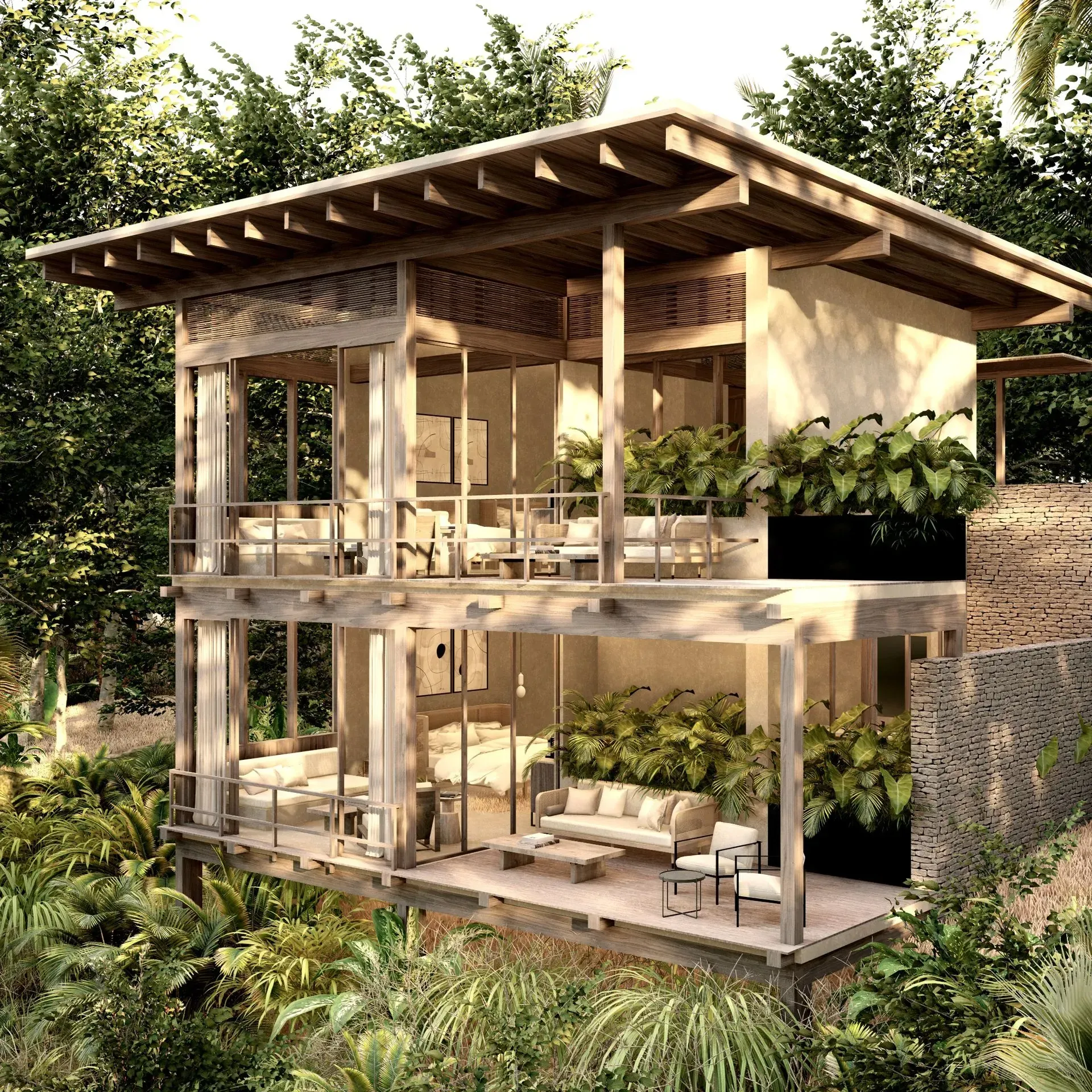 Render de cabaña de madera con vigas y terrazas