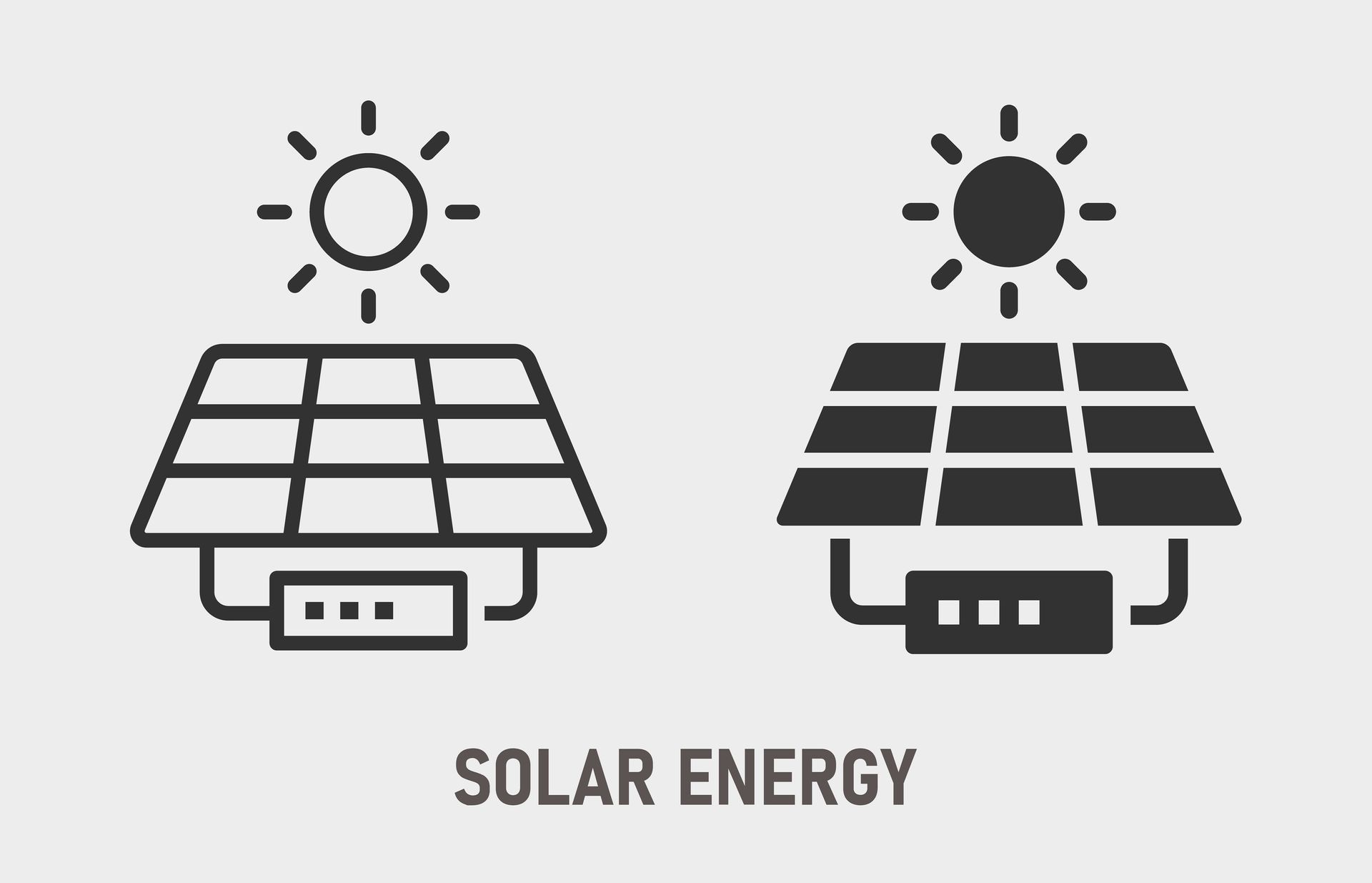 A set of solar energy icons on a white background.