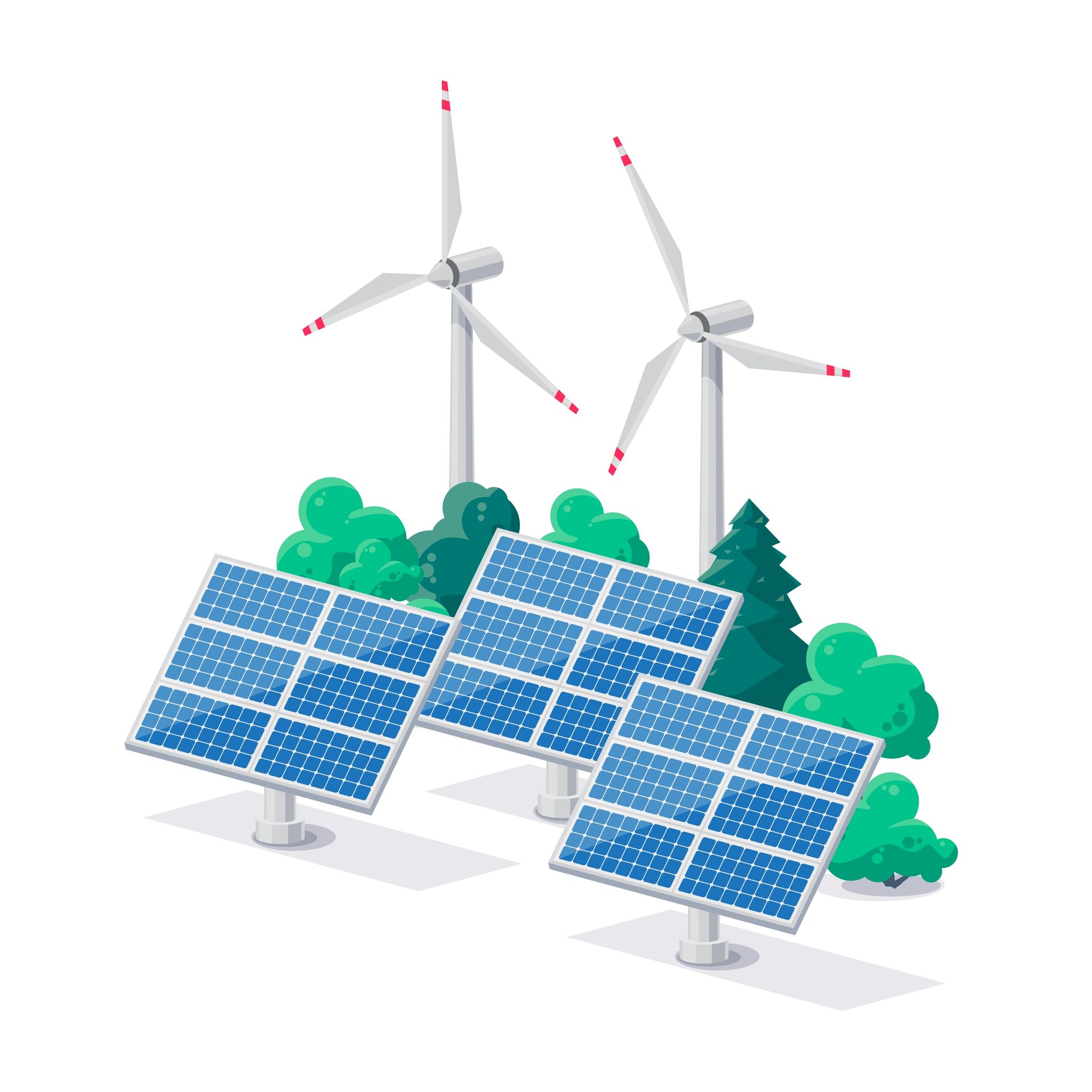 A couple of solar panels and wind turbines in a field.