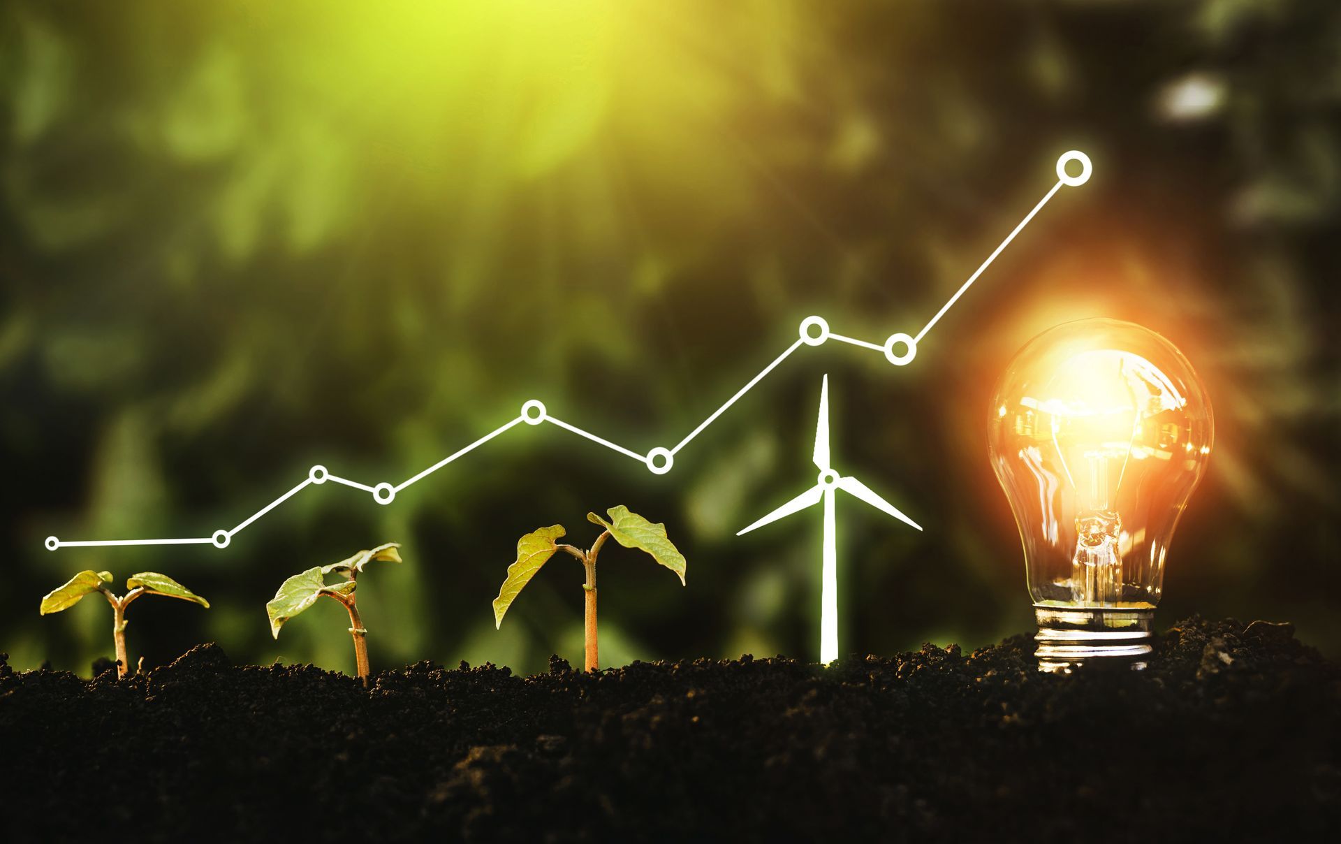 A light bulb is sitting in the dirt next to a wind turbine and a graph.