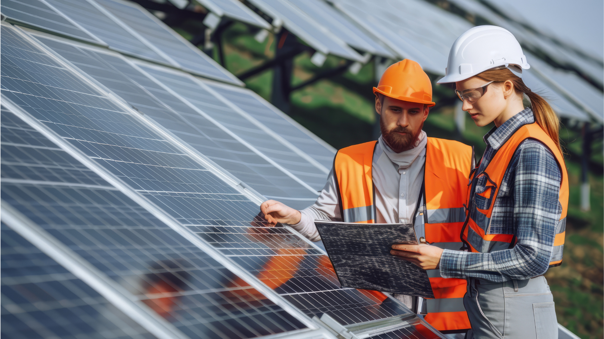 Technicians in hard hats inspecting solar panels with a tablet at a solar farm.