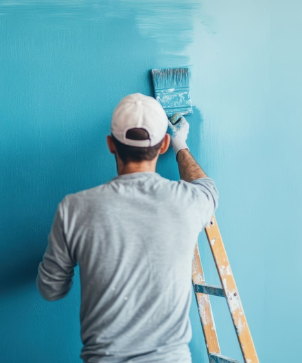 Person painting a teal wall with a brush while standing on a ladder