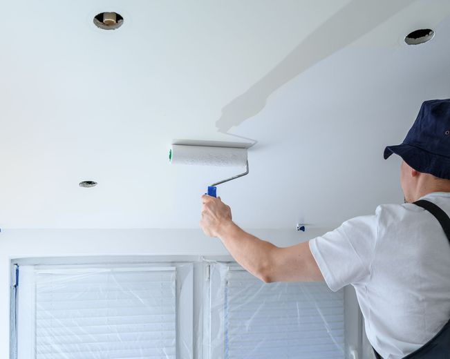 Person painting a white ceiling with a roller in a bright room
