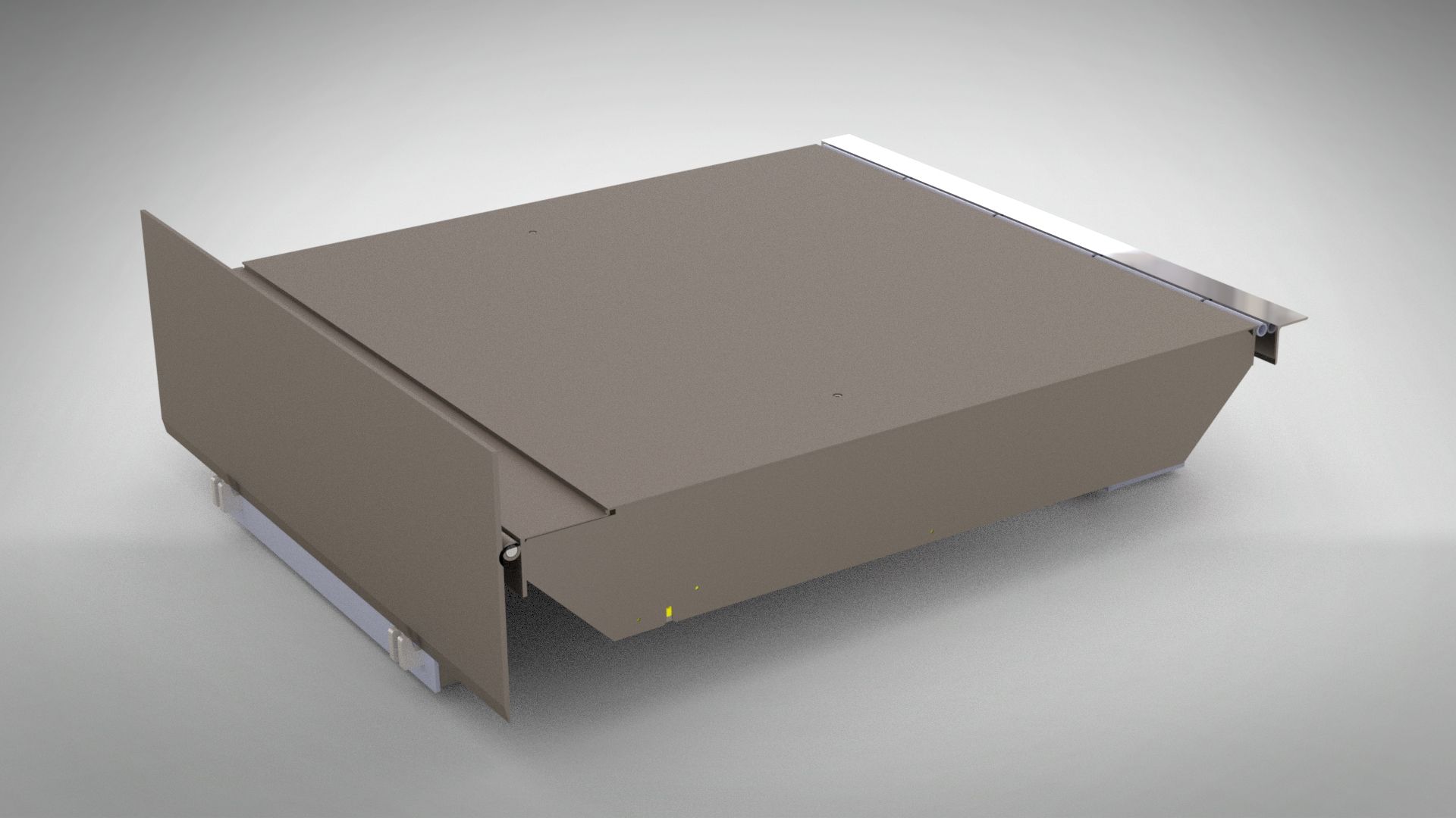 A computer generated image of a gray box on a white surface.