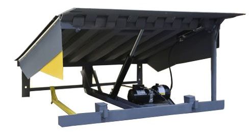 A loading dock with a yellow triangle on the side of it.