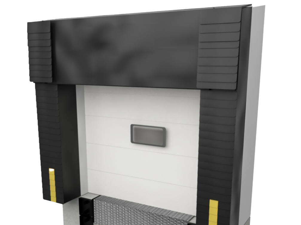 A 3d model of a warehouse door with a black rubber shelter.