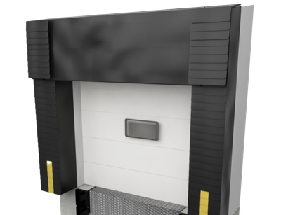 Un modèle 3D d'une porte d'entrepôt avec un abri en caoutchouc noir.