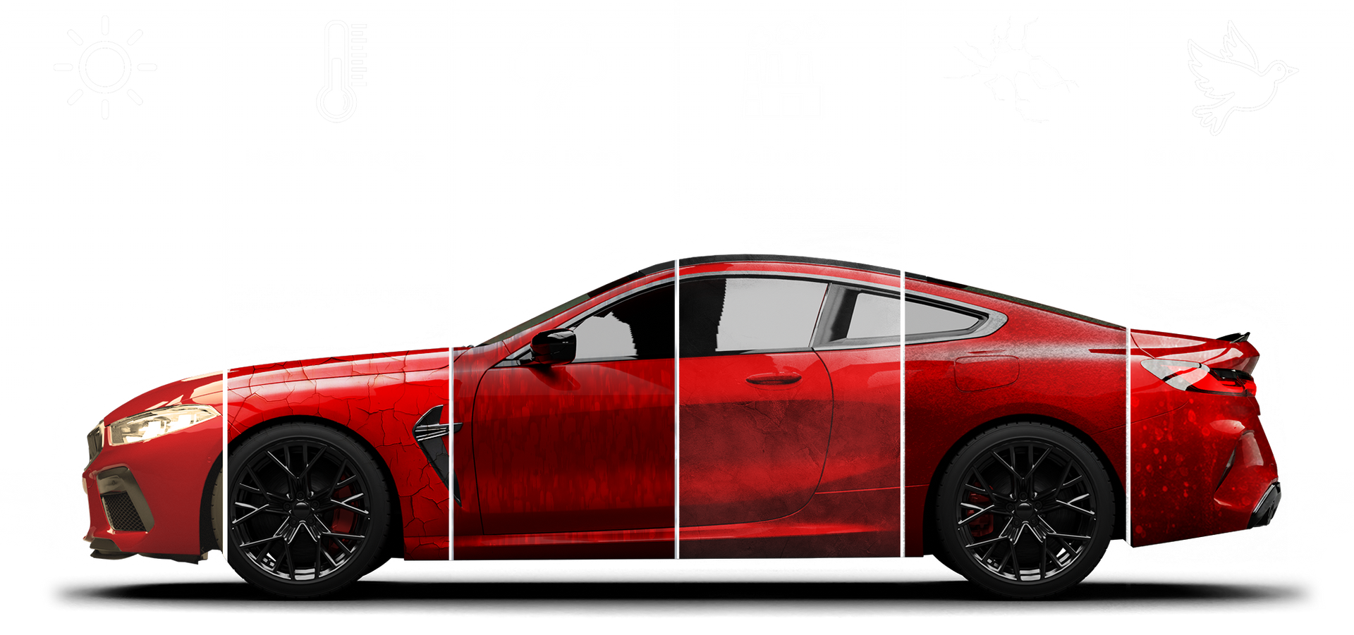 Red sports car, side view, divided into sections.