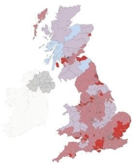 Map of the UK and Ireland, with areas shaded in red, pink, and blue, possibly representing varying data points or categories.