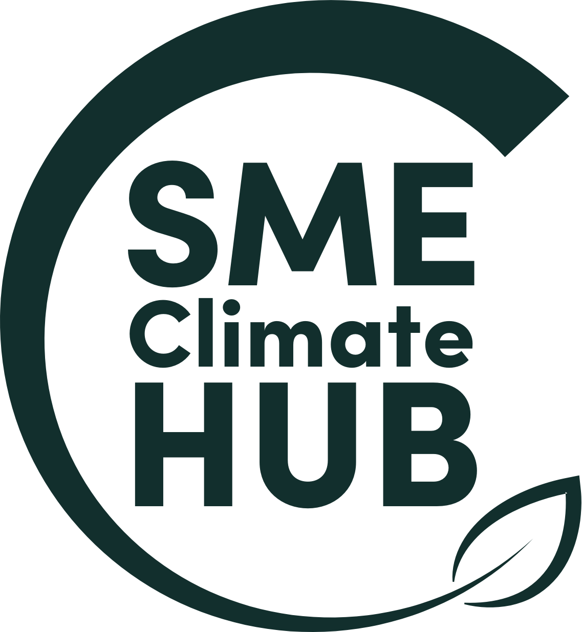 SME Climate Hub logo: dark green text inside a partial circle, with a leaf; promotes climate action.