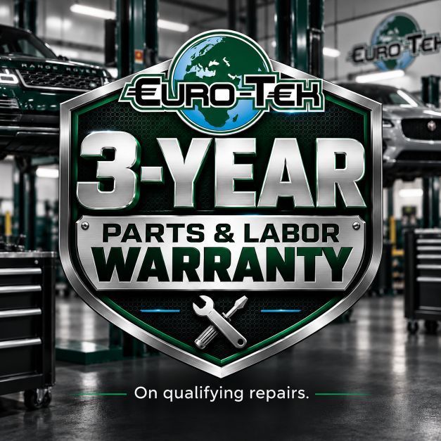 Euro-Tech 3-year parts and labor warranty badge over car repair shop background, with wrench icon and “On qualifying repairs.”