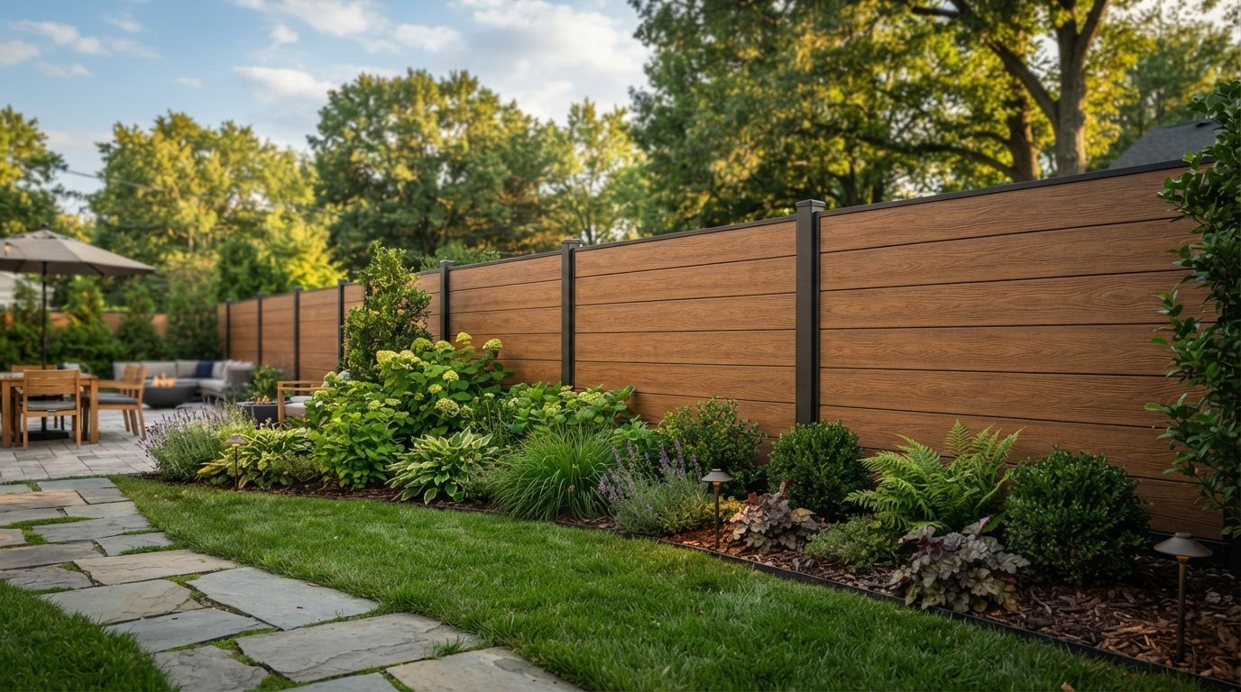 A long, modern horizontal composite wood fence with black metal posts bordering a green lawn