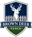 Brown Deer Fence Logo with Shield Emblem, Deer Head Graphic, White Picket Fence, and Company Name in Brown Deer, WI