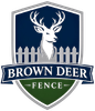 Brown Deer Fence Logo with Shield Emblem, Deer Head Graphic, White Picket Fence, and Company Name in Brown Deer, WI