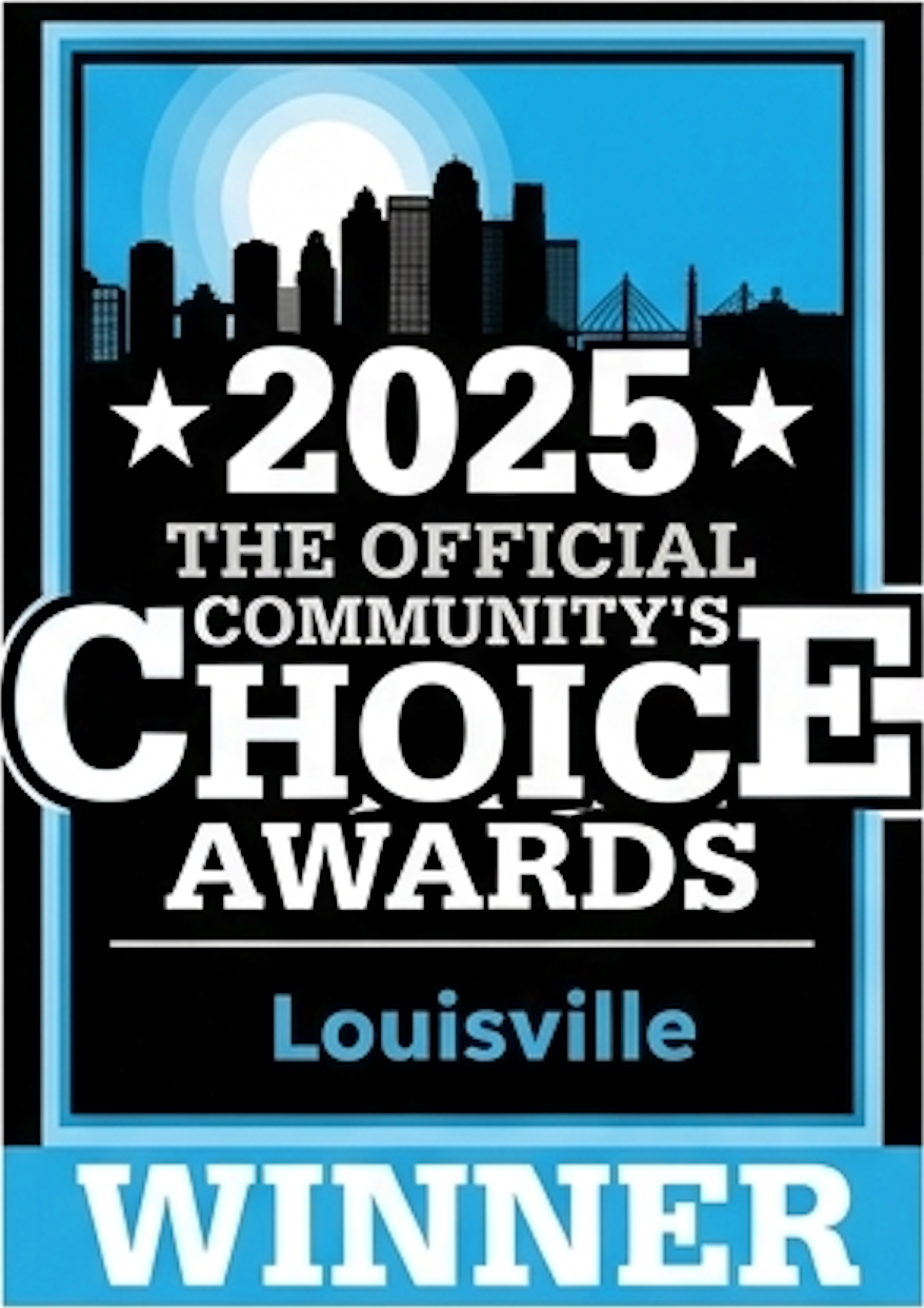 2025 Official Community Choice Awards Louisville winner badge with blue, black and white design