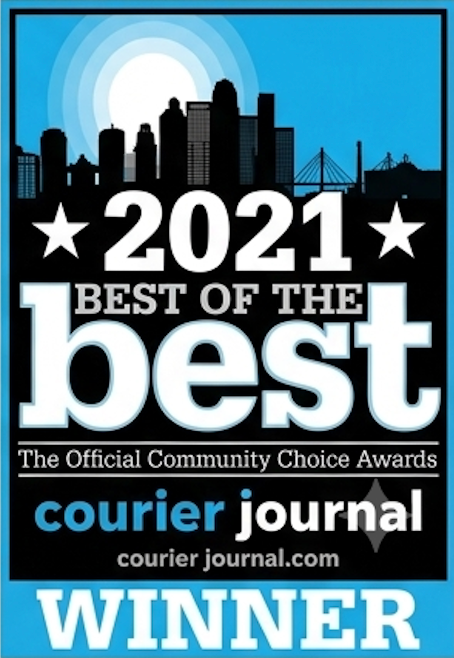 2021 Best of the Best Courier Journal winner badge with city skyline on blue background
