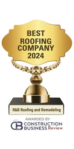 Gold award trophy labeled “Best Roofing Company 2024” from Construction Business Review