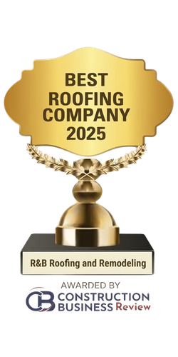Gold trophy graphic reading “Best Roofing Company 2025” with R&R Roofing and Remodeling 