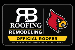 RB Roofing Remodeling official roofer sign with Louisville Cardinals logo on black background