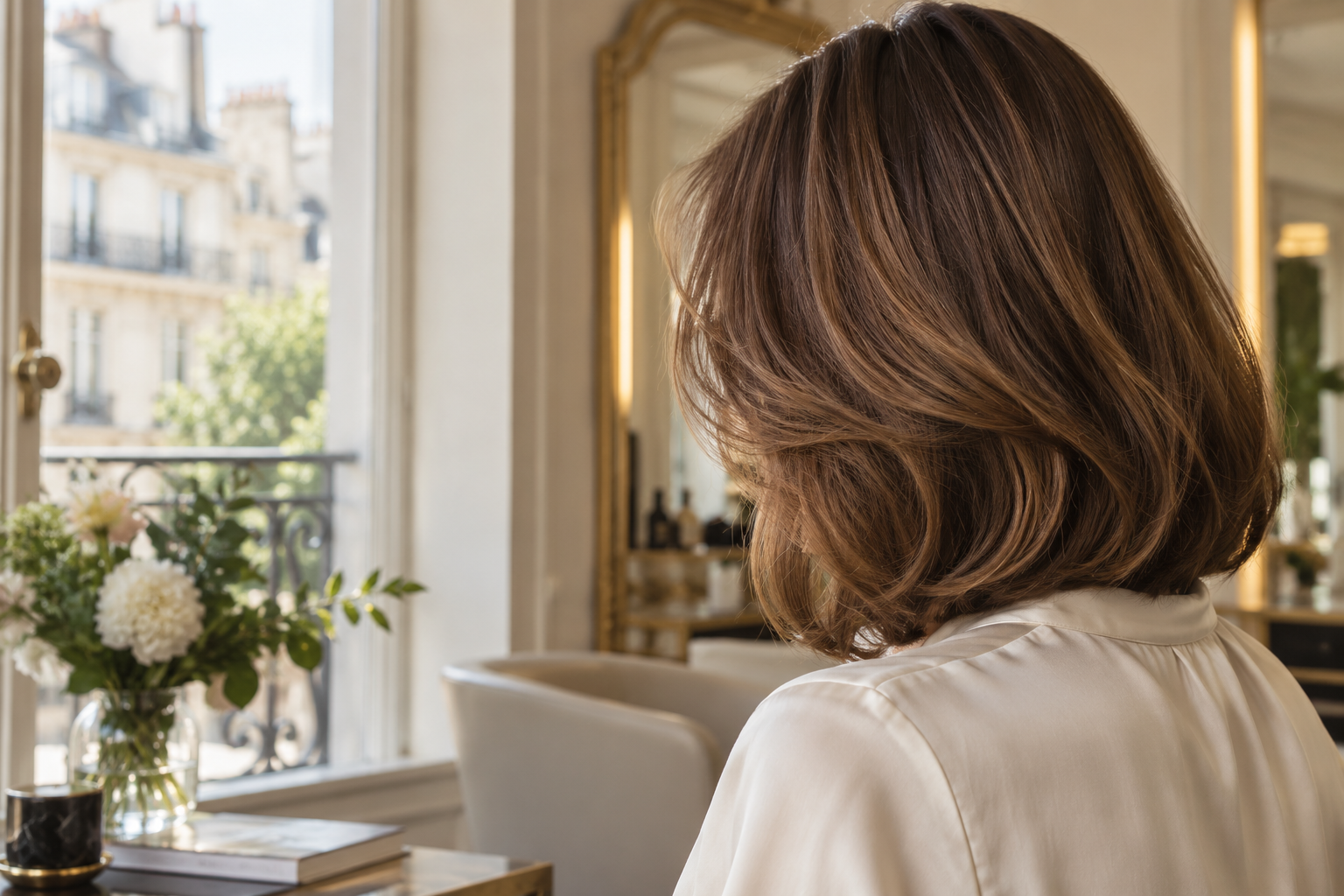 Une professionnelle examine une mèche de cheveux avant un lissage au tanin