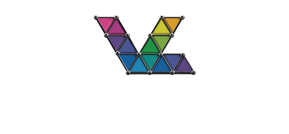 Colorful geometric logo made of small triangular shapes on a white background