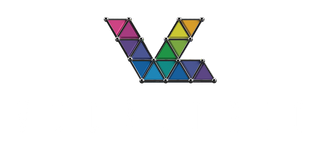 Colorful geometric logo made of small triangular shapes on a white background