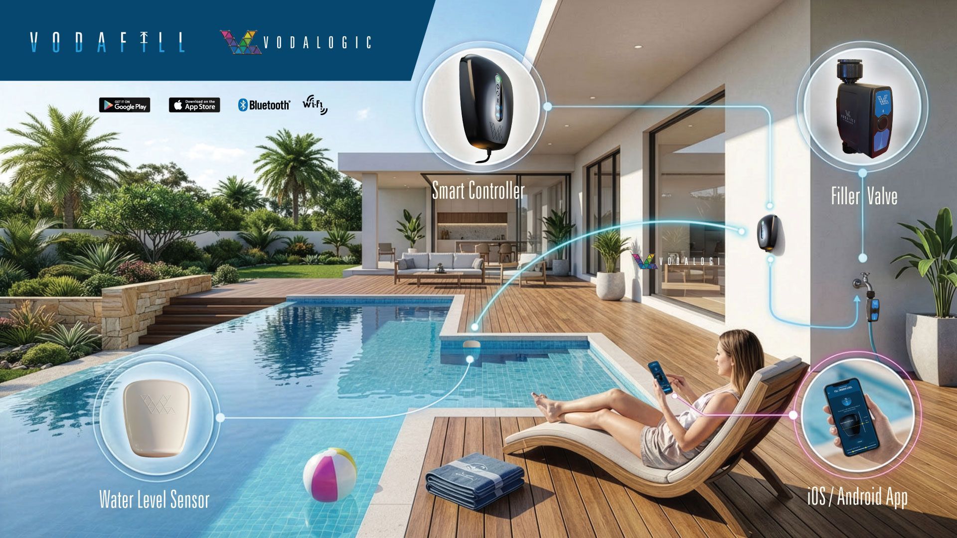 Luxury poolside resort scene with a person lounging on a deck chair by a blue pool and ocean view