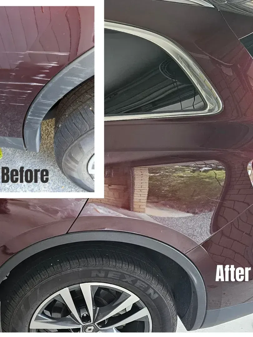 before and after. dent near wheel