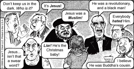 Comic-style crowd arguing about Jesus, with speech bubbles giving contradictory claims about him.