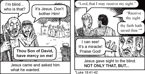 Comic strip of blind man calling to Jesus, then receiving sight amid crowd’s reactions.
