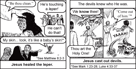 Cartoon Bible panels: Jesus heals a leper and casts out demons with speech bubbles.