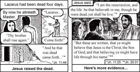 Comic panel of Lazarus’ resurrection, with speech bubbles and Bible verse references.
