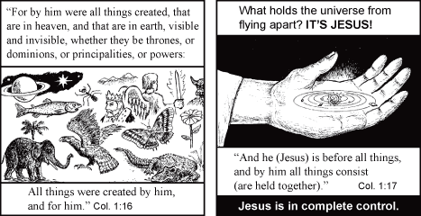 Religious collage with Bible verses and drawings, including hands holding the earth and a galaxy scene.