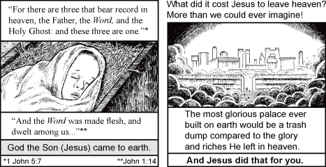 Black-and-white 4-panel Christian quote graphic about Jesus leaving heaven for earth.