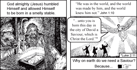 Religious collage with Bible verses and a sketch of Jesus in a stable beside a manger.