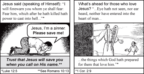 Three-panel Christian comic: Jesus rescues a person, then a winged figure explains God's prepared blessings.