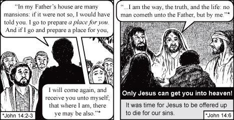 Black-and-white comic of Jesus speaking to a crowd with Bible verse text about preparing a place in heaven.