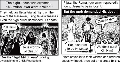 Comic strip about the crucifixion of Jesus, with soldiers and a crowd, plus captions about broken legs and wine vinegar