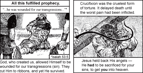 Comic of Jesus' crucifixion with biblical captions about suffering and prophecy fulfilled.