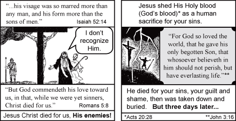 Black-and-white religious comic of Jesus on the cross with Bible verses about his blood and death.