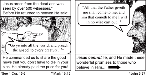 Comic of Jesus before crucifixion, speaking with Bible verses and “Go into all the world, and preach the gospel.”