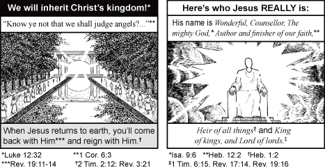 Two-panel religious comic comparing Bible verses about inheriting Christ’s kingdom versus Jesus returning in glory