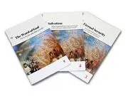 Three colorful booklets fanned out, each with a white cover and scenic illustration.