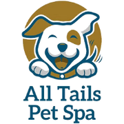 All Tails Pet Spa logo with white dog inside gold circle and blue text