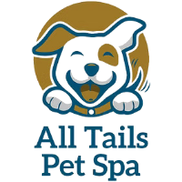All Tails Pet Spa logo with white dog inside gold circle and blue text